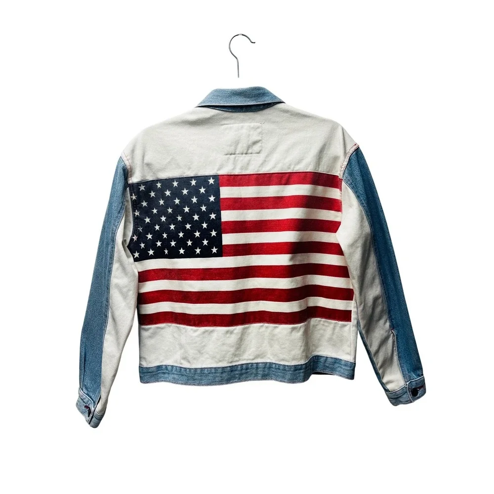 Fuse Paris M Denim Bomber Jacket USA Flag‎ Stars Stripes Trucker Moto VTG Unisex
